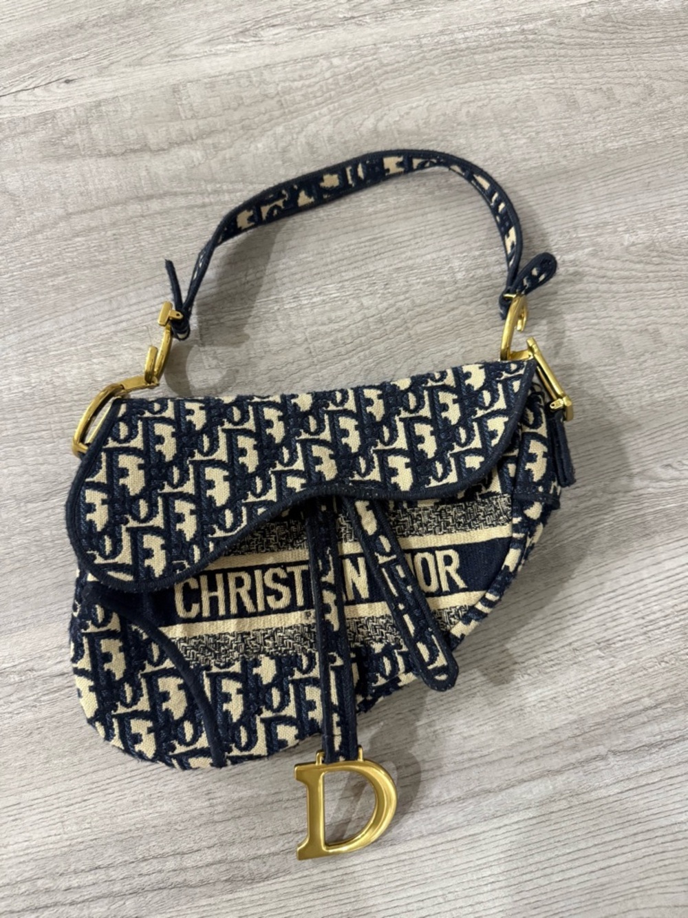 Dior Navy & Cream Saddle Shoulder Bag with Gold 'D' Charm